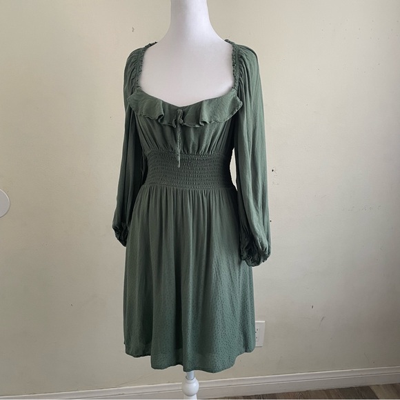 Betsey Johnson Dot Jacquard Smocked Mini Dress Dark Ivy Green Square Neck M - Picture 2 of 4